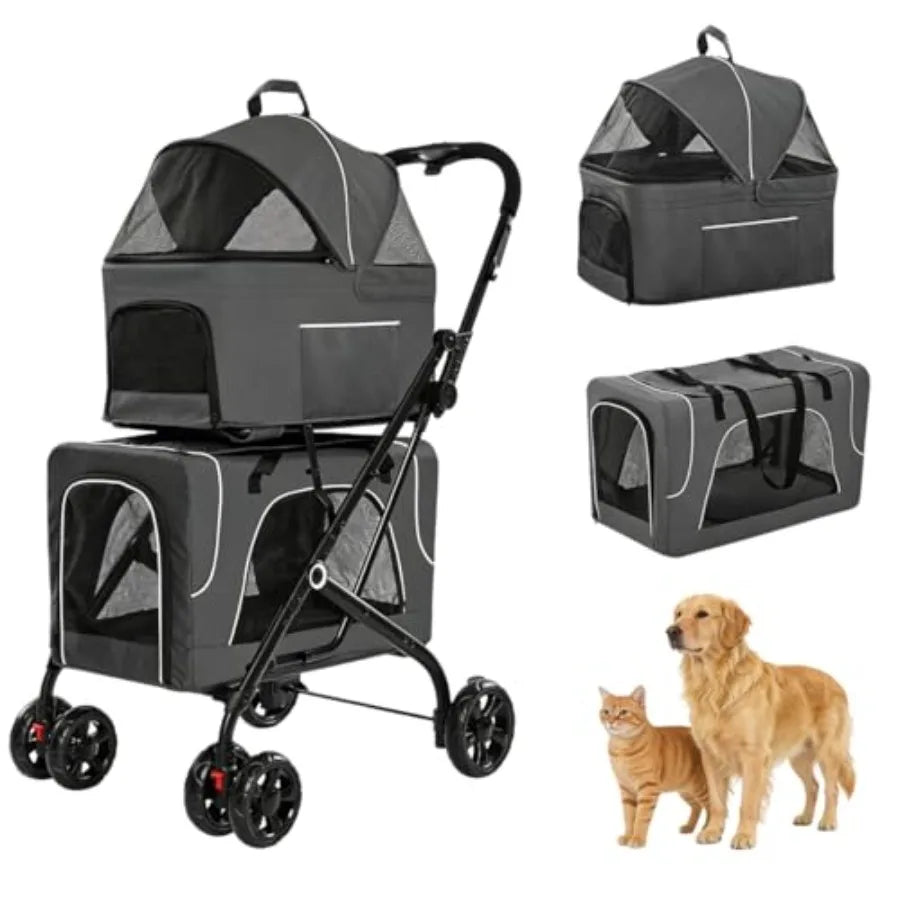 2-Tier Double Pet Stroller with Detachable Carriers for Dogs, Cats & Rabbits