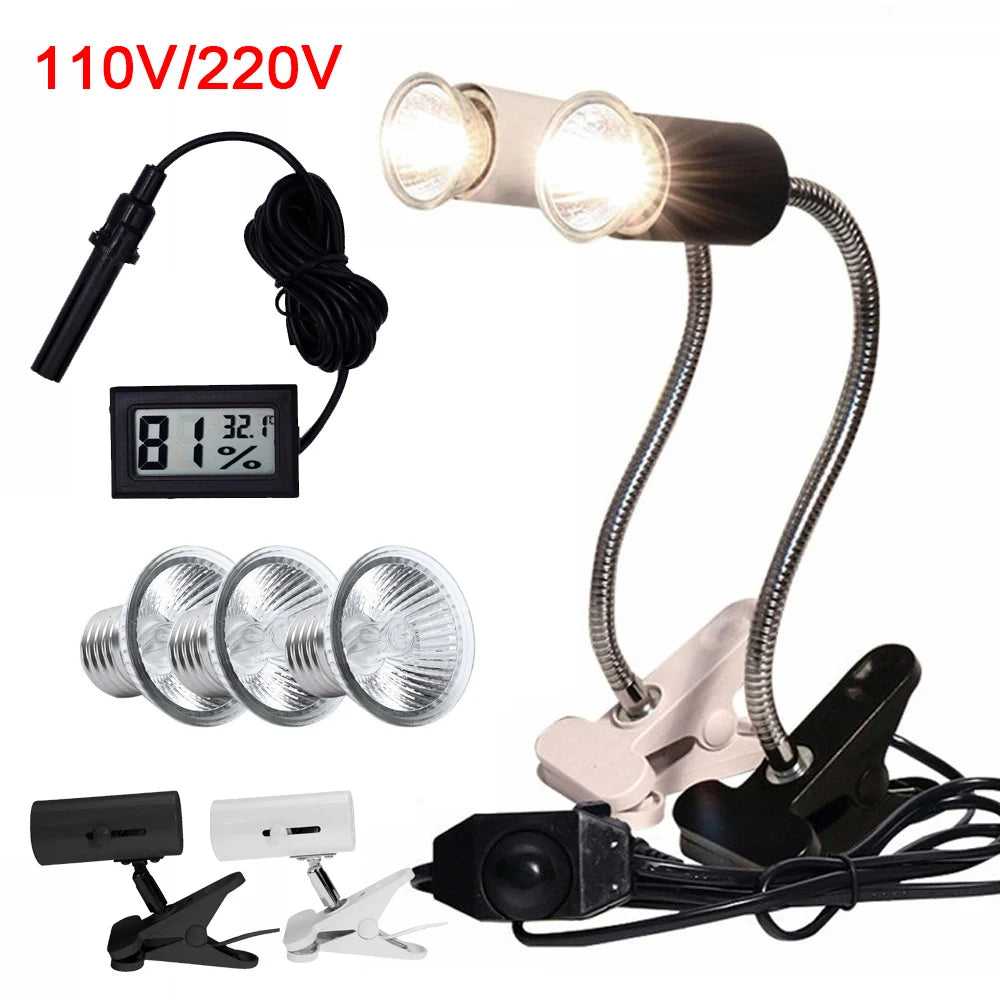 UVA/UVB Basking Lamp Kit — Clip-On Holder, Bulb & Thermometer-Hygrometer
