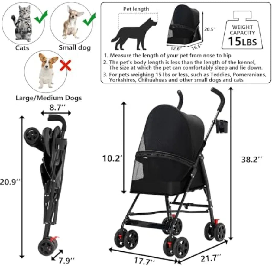 Lightweight Foldable Black Pet Stroller with Mesh Ventilation & Cup Holder for Dogs & Cats