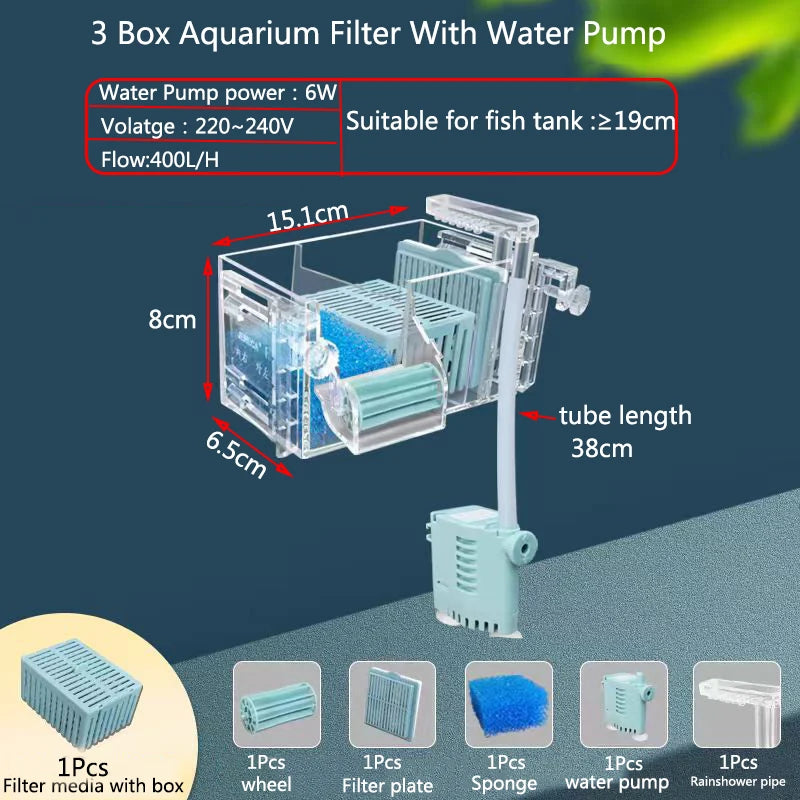 Wall-Mounted Waterfall Aquarium Filter Box (Silent, Built-In, Back Filter)
