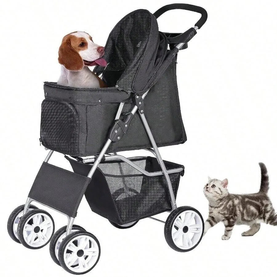ZENY Foldable 4-Wheel Pet Stroller for Dogs & Cats with Storage Basket & Cup Holder