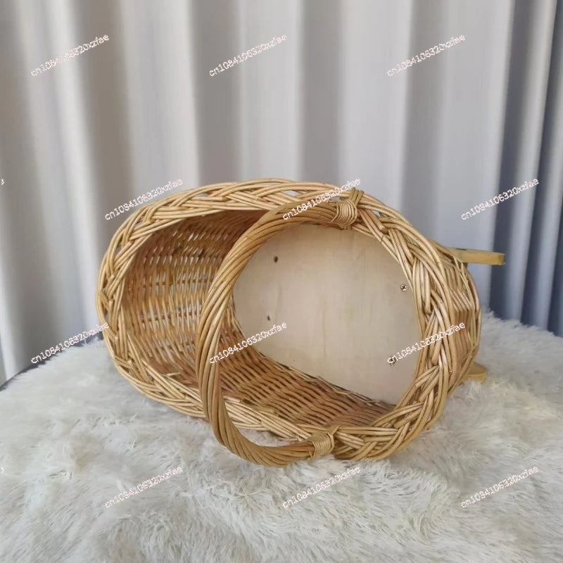 Handwoven Wicker Pet & Infant Bassinet Stroller with Storage Basket