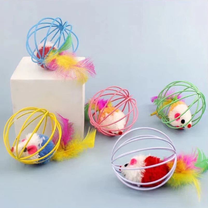 Metal Cage Ball Cat Toy with Plush Mouse