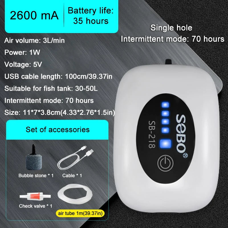 SOBO Rechargeable Aquarium Air Pump 2600–4800mAh Portable