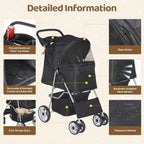 ZENY Foldable 4-Wheel Pet Stroller for Dogs & Cats with Storage Basket & Cup Holder
