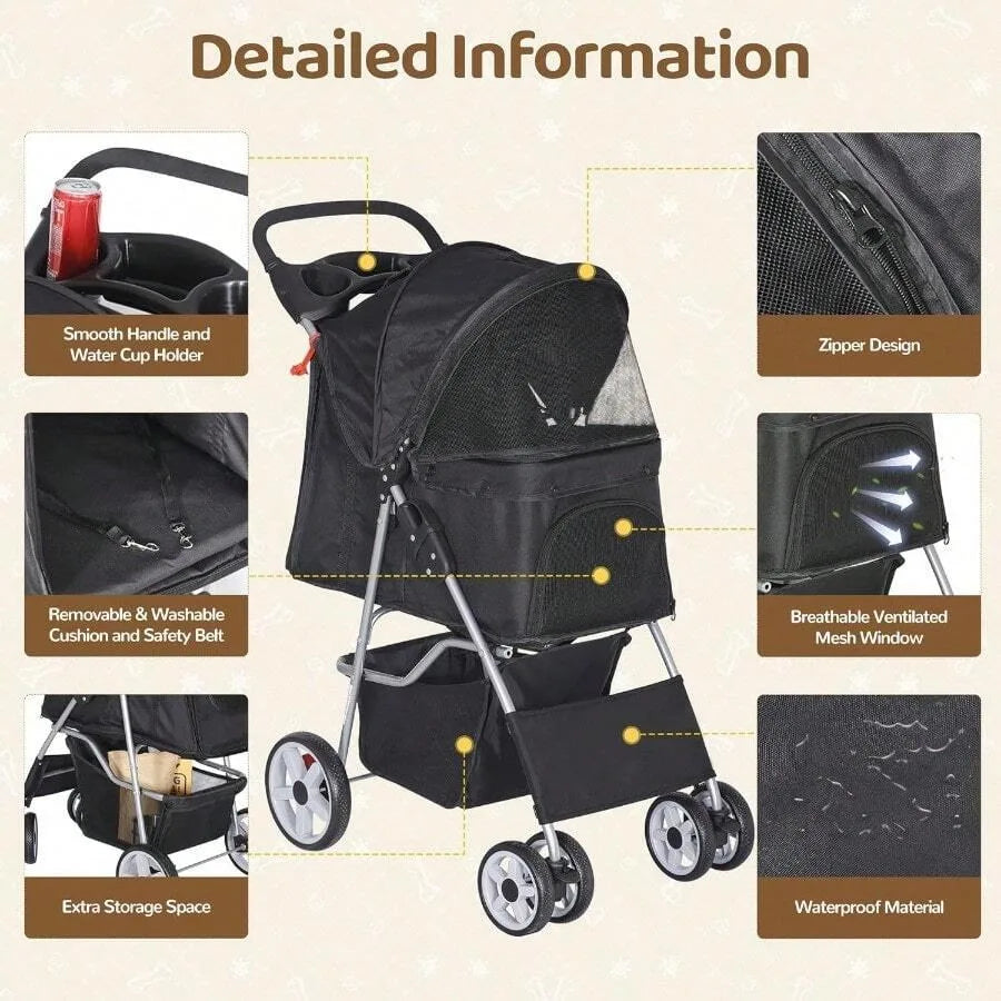 ZENY Foldable 4-Wheel Pet Stroller for Dogs & Cats with Storage Basket & Cup Holder