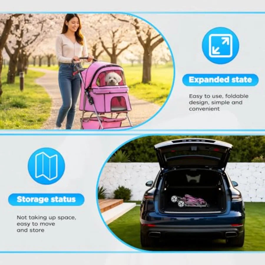 4-Wheel Foldable Lightweight Pet Stroller with Cup Holder for Small & Medium Dogs & Cats