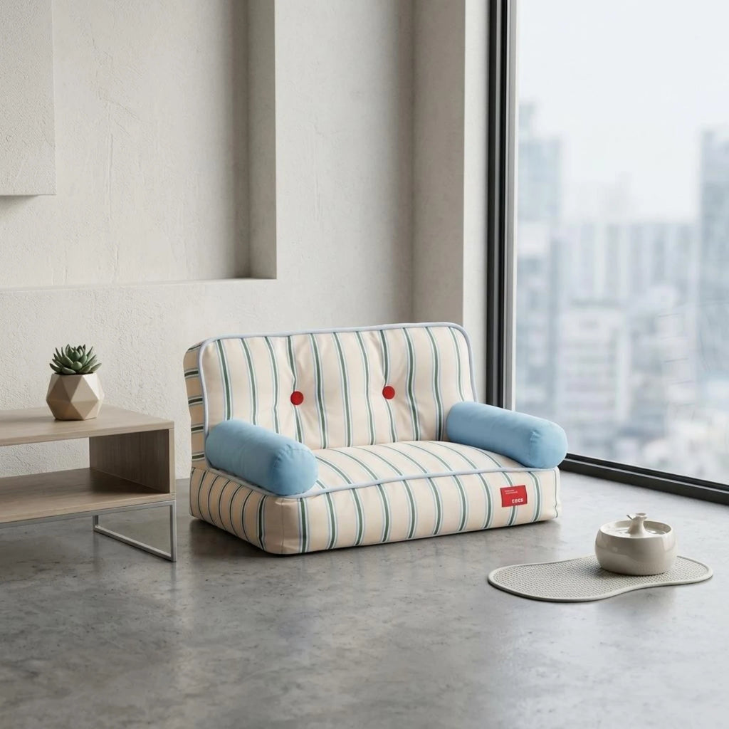 Striped Light Blue Padded Pet Sofa Bed