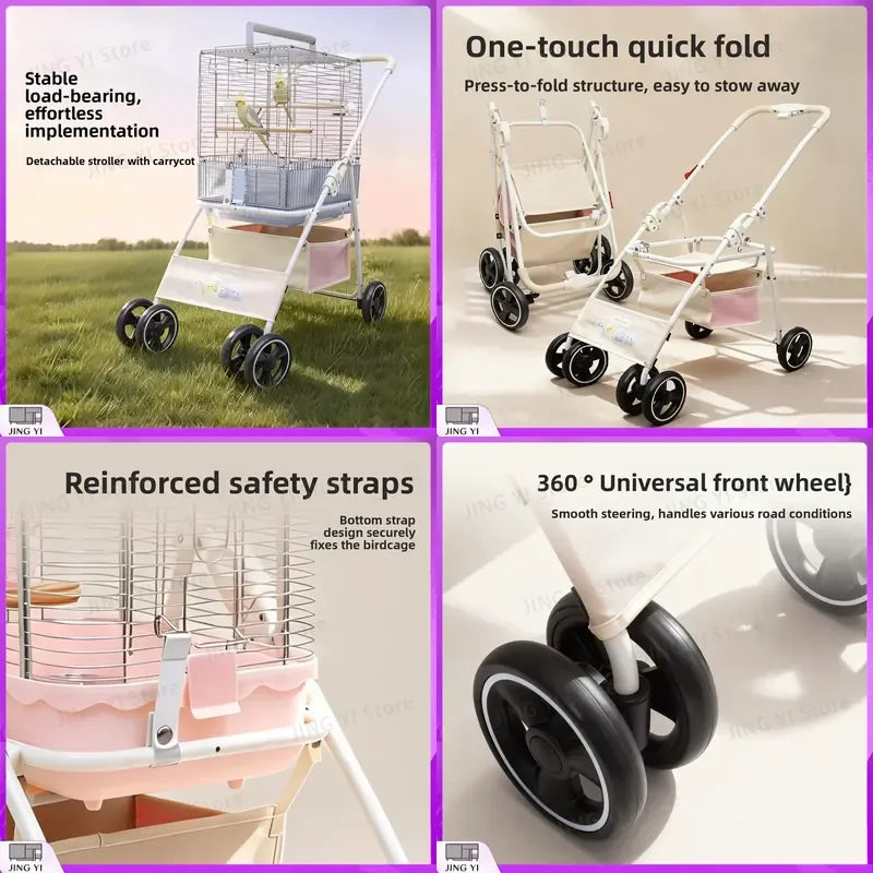 Foldable Lightweight Pet Stroller with Storage Space for Parrots, Dogs & Cats — Portable Outdoor Cart