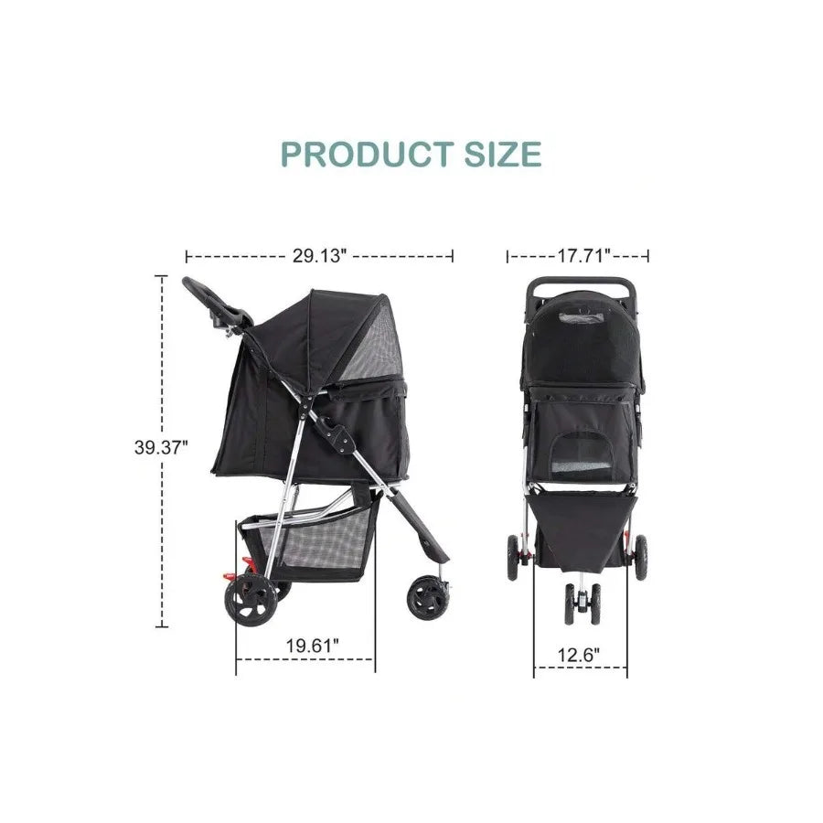 Lightweight 3-Wheel Pet Stroller with Storage Basket, Cup Holder & Breathable Mesh for Cats & Dogs