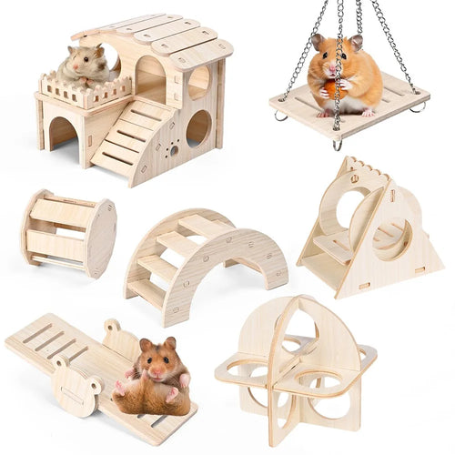 Wooden Hamster Swing & Seesaw Toy — Cage Enrichment for Small Pets