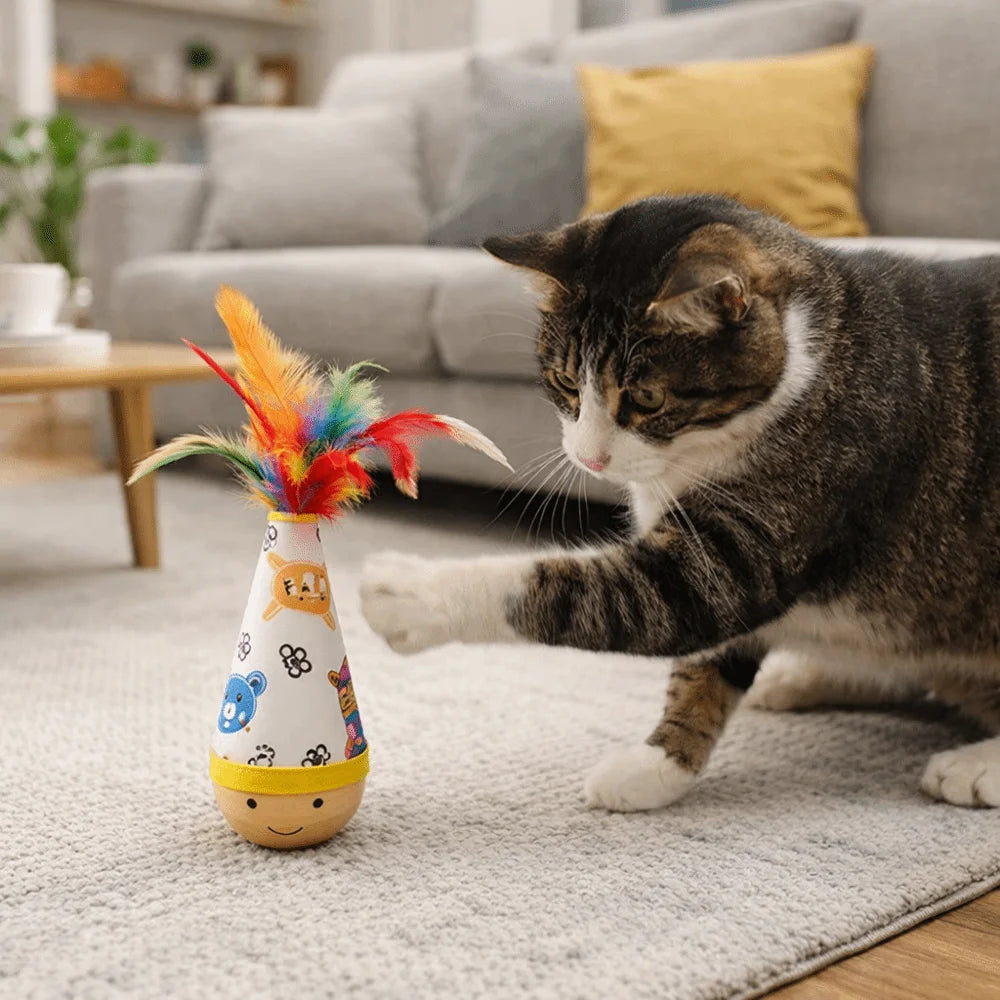 Cartoon Pattern Cat Tumbler Wobbler Toy with Feather — Bite-Resistant Kitten Wobble Ball