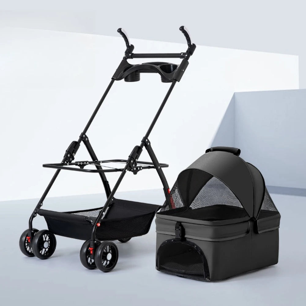 4-Wheel Foldable Dog & Cat Stroller with Cup Holder & Detachable Carrier