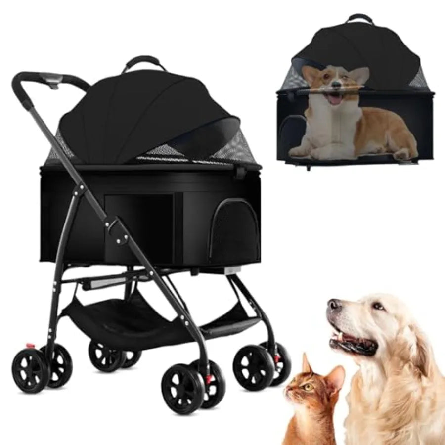 3-in-1 Multifunction 4-Wheel Folding Dog Stroller with Detachable Carrier