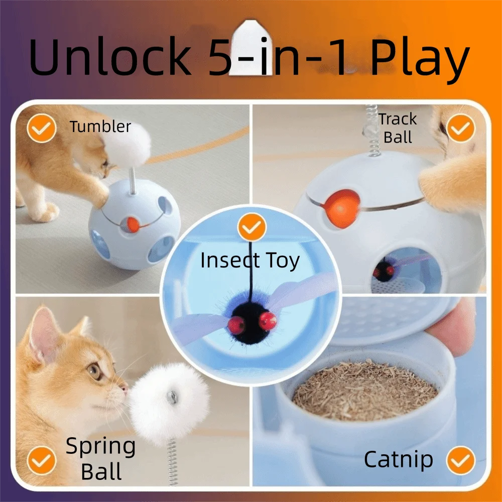 Auto-Rotating Spring Cat Toy with Feather & Bell — Self-Righting Tumbler