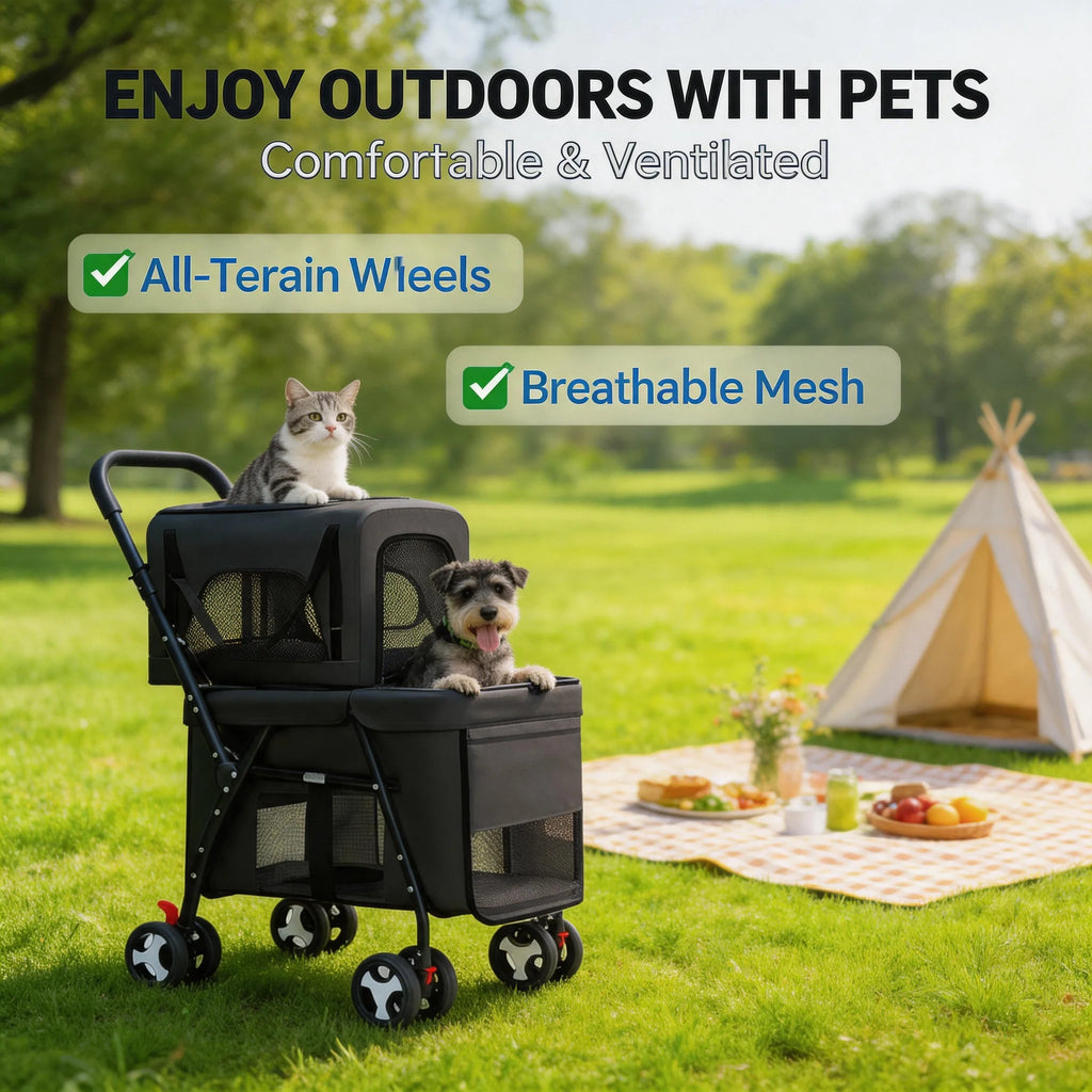 Lightweight Quick-Fold Double Pet Stroller with Detachable Carriers