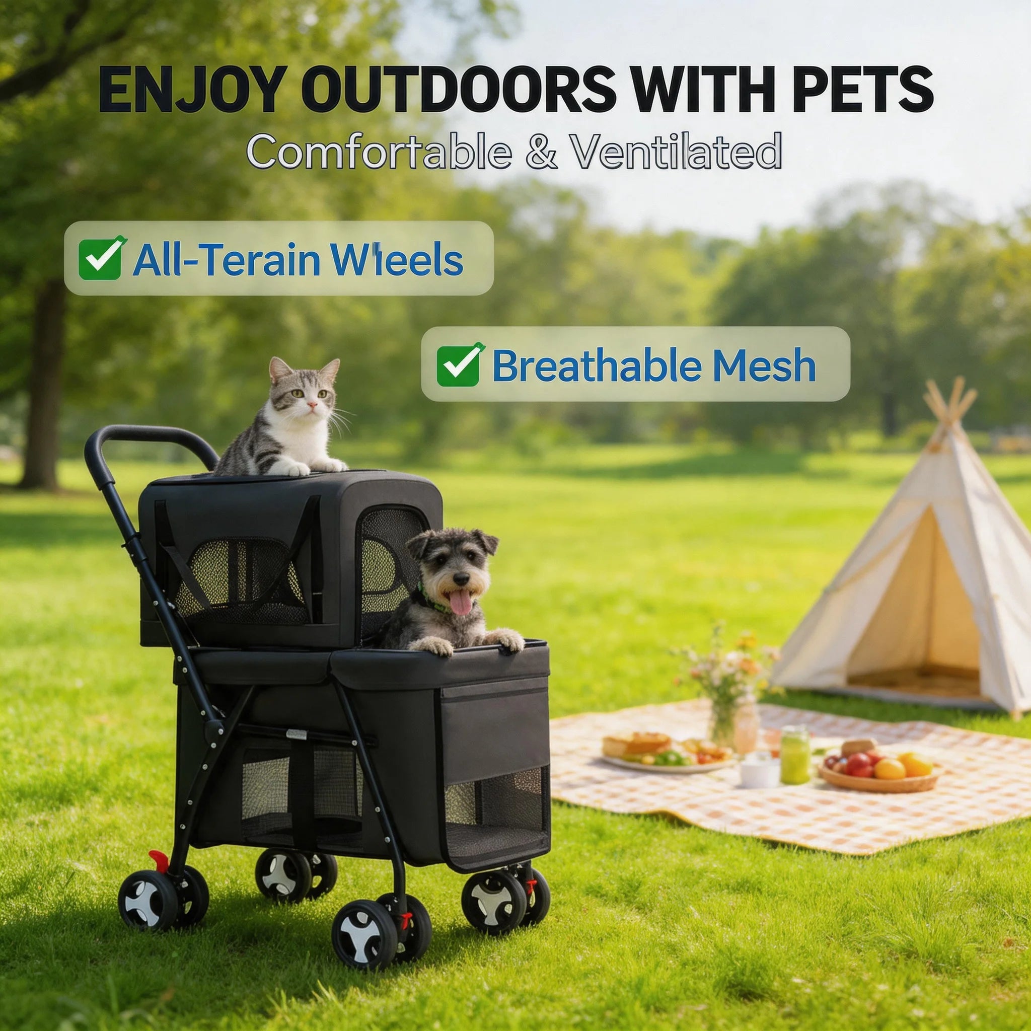 Lightweight Quick-Fold Double Pet Stroller with Detachable Carriers