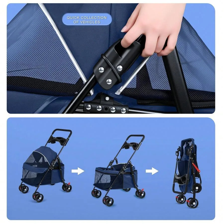 Blue Folding Pet Stroller with Cup Holder & Breathable Visible Mesh for Small Dogs & Cats