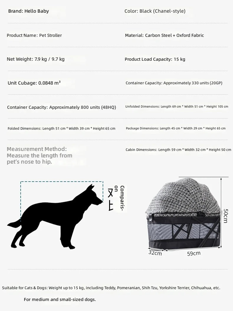 Portable Foldable Pet Stroller for Small Cats & Dogs with All-Terrain Wheels & Adjustable Handle