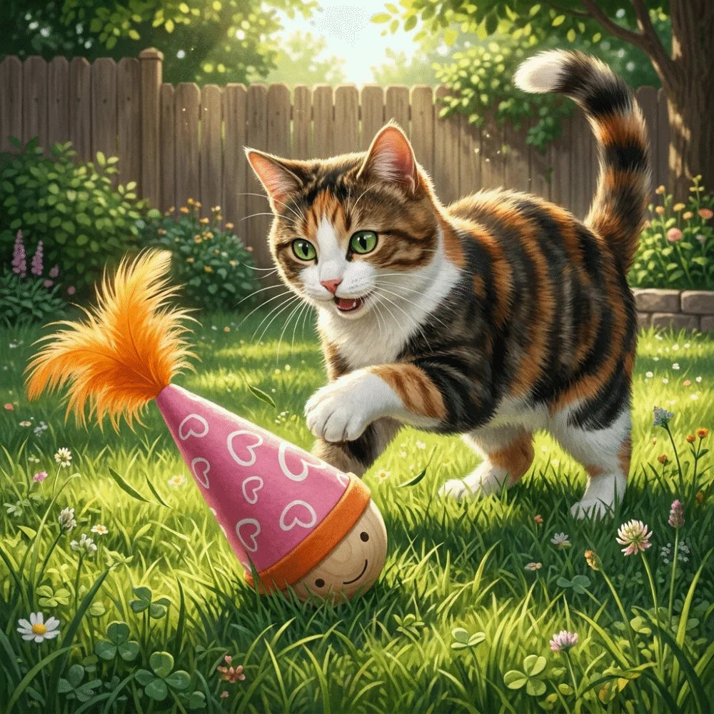 Self-Balancing Turkey Feather Cat Tumbler — Wood Base Interactive Toy