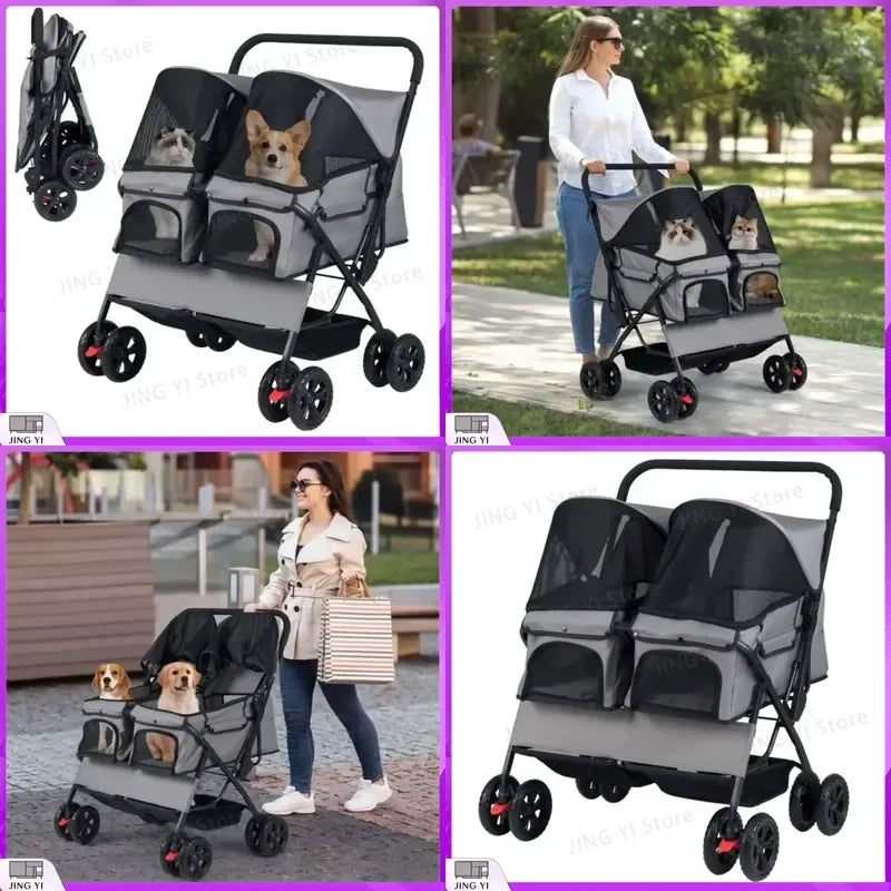 Foldable Double Pet Stroller with Adjustable Sunshade & Storage Basket