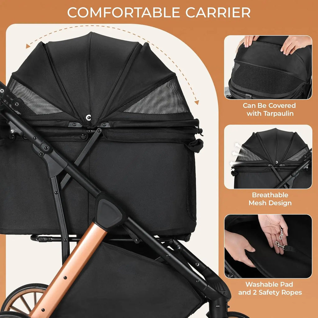 All-Terrain Pet Stroller with Aluminum & Carbon Steel Frame, Shock Absorbers, Sun Shades & Adjustable Handle