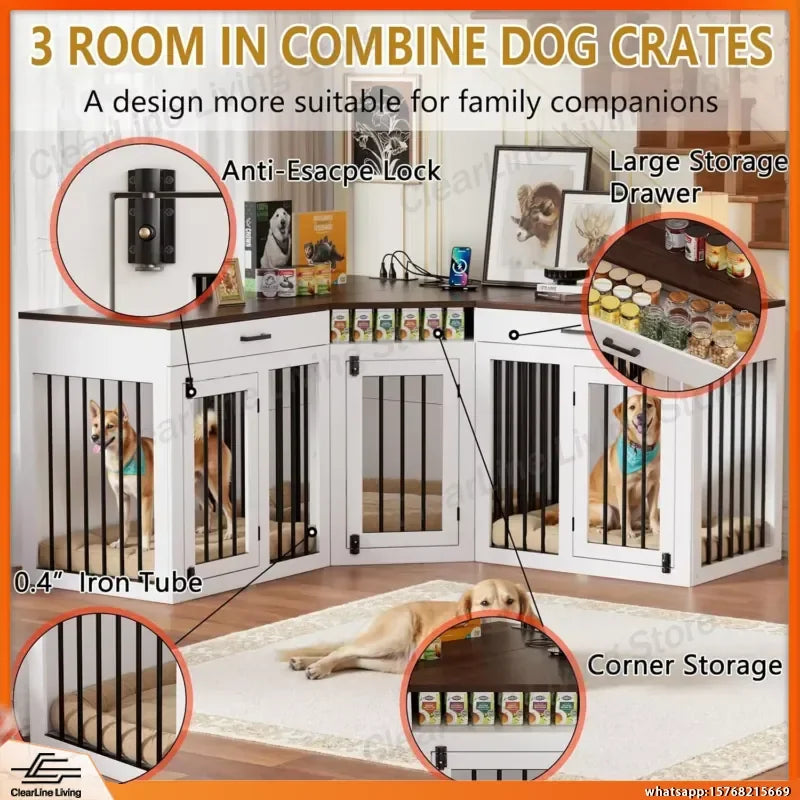 Wooden Dog Crate Furniture with Storage Drawers & Power Outlet