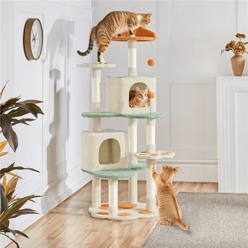 Paw-Shaped Plush Cat Tree with Condos (58in)