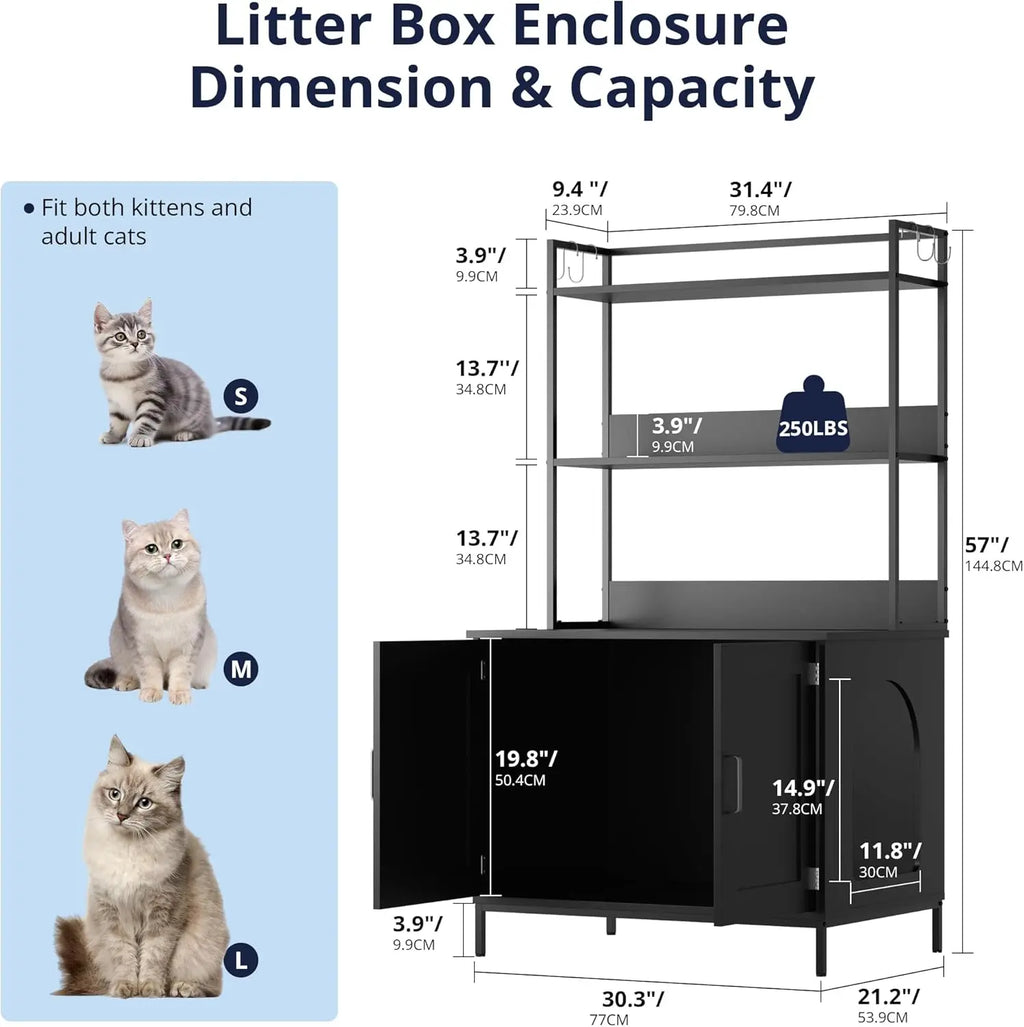 57in Wooden Litter Box Enclosure with Shelves & Hooks
