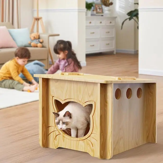 Solid Wood Cat Villa with Integrated Scratching Board