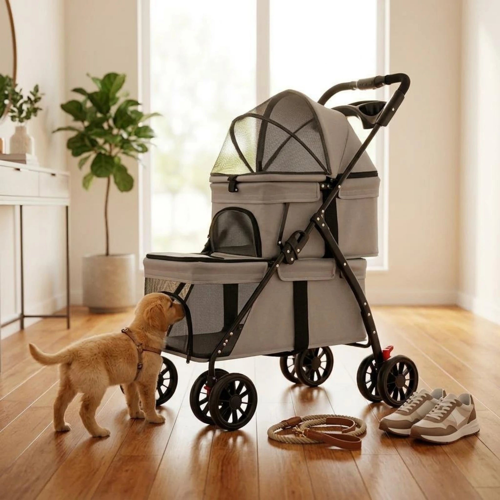 Double-Deck Pet Stroller with Lockable Wheels, Storage Pockets & Removable Liner
