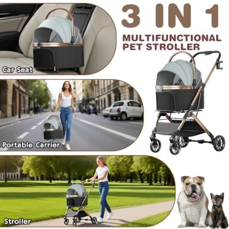 4-Wheel Foldable Pet Stroller with Detachable Carrier for Dogs & Cats — Max 45 lbs