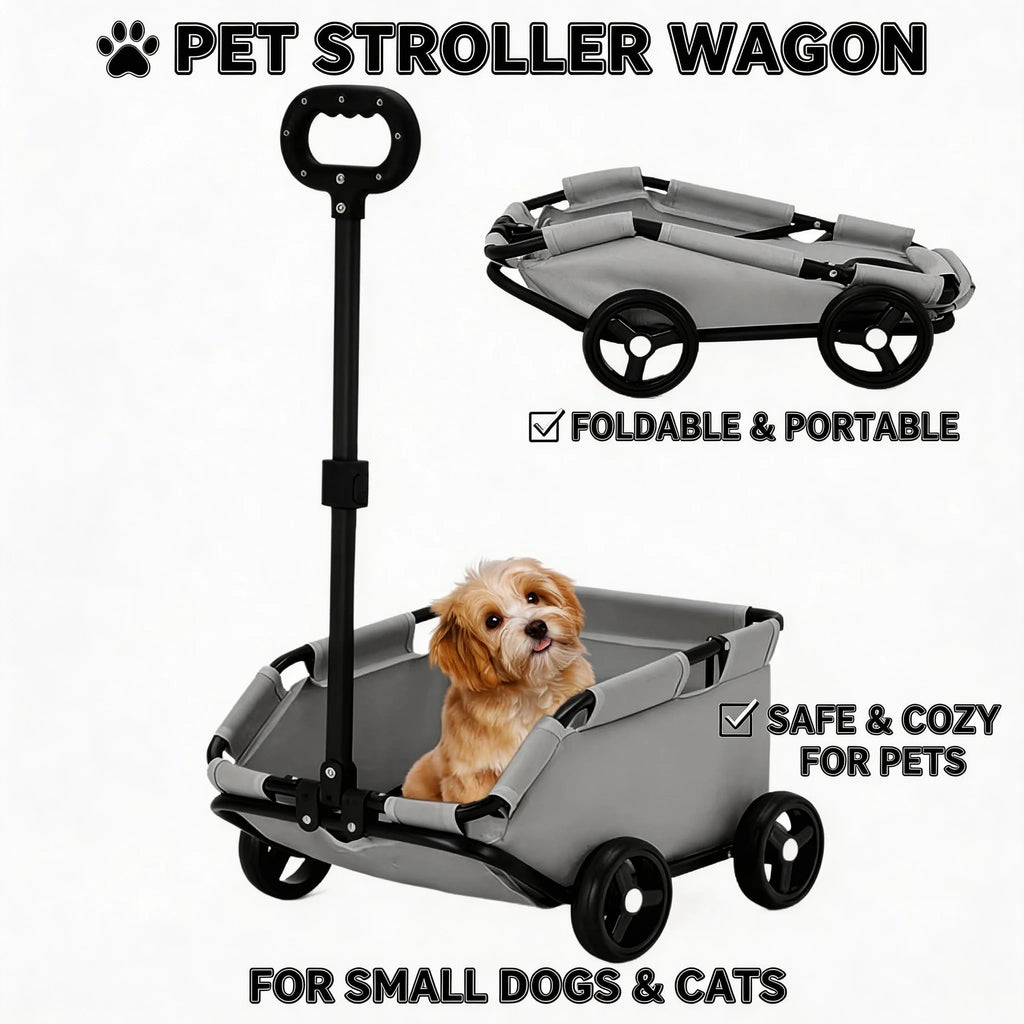 4-Wheel Folding Dog Stroller Handcart for Travel, Shopping & Walking — Pet Cart for Small Dogs & Cats