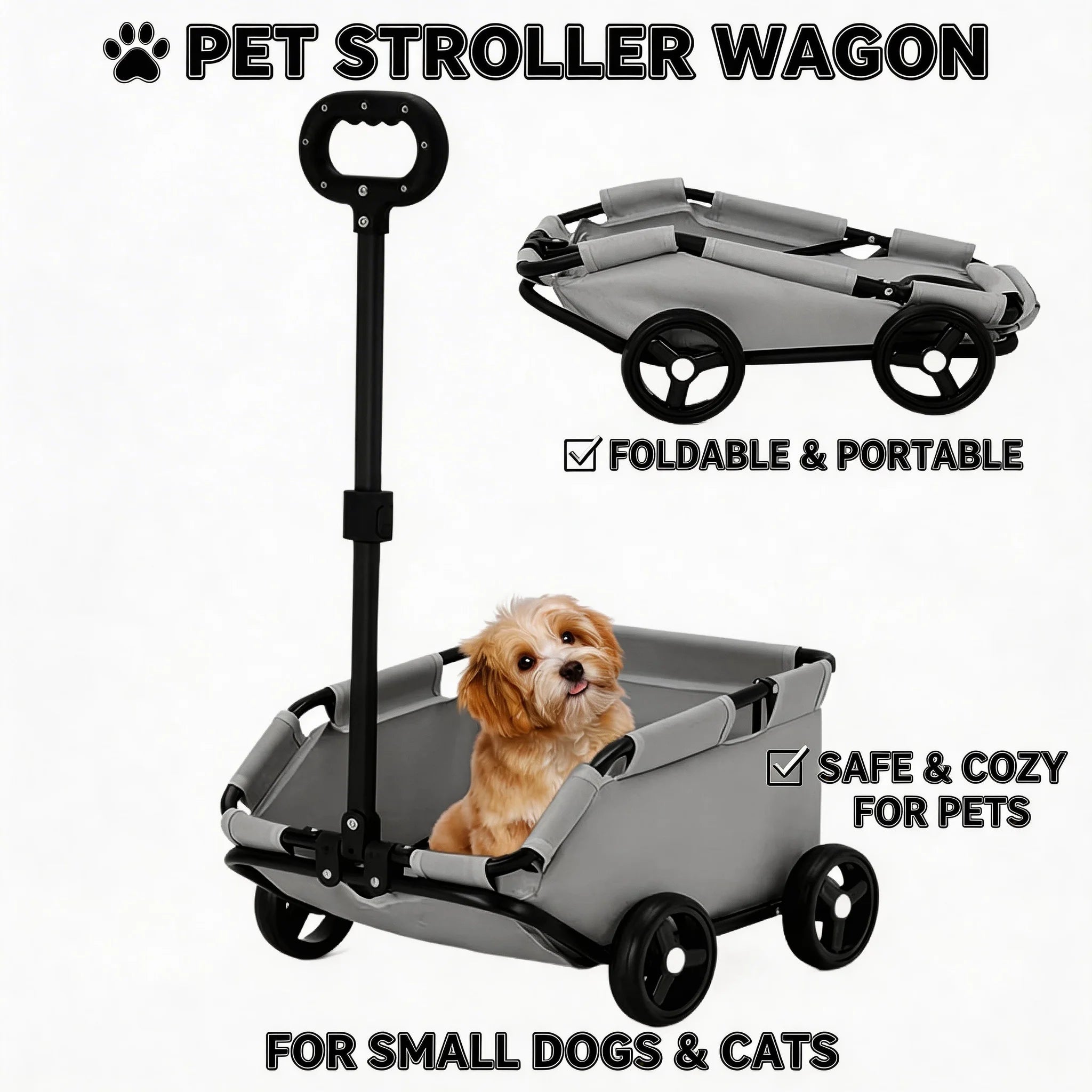 4-Wheel Folding Dog Stroller Handcart for Travel, Shopping & Walking — Pet Cart for Small Dogs & Cats