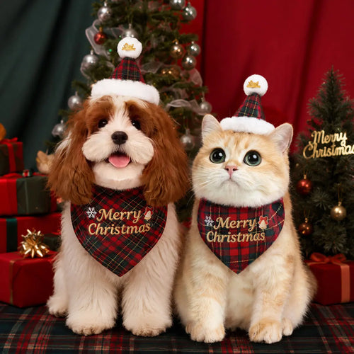 Christmas Plaid Bandana Bib & Hat Set for Dogs & Cats