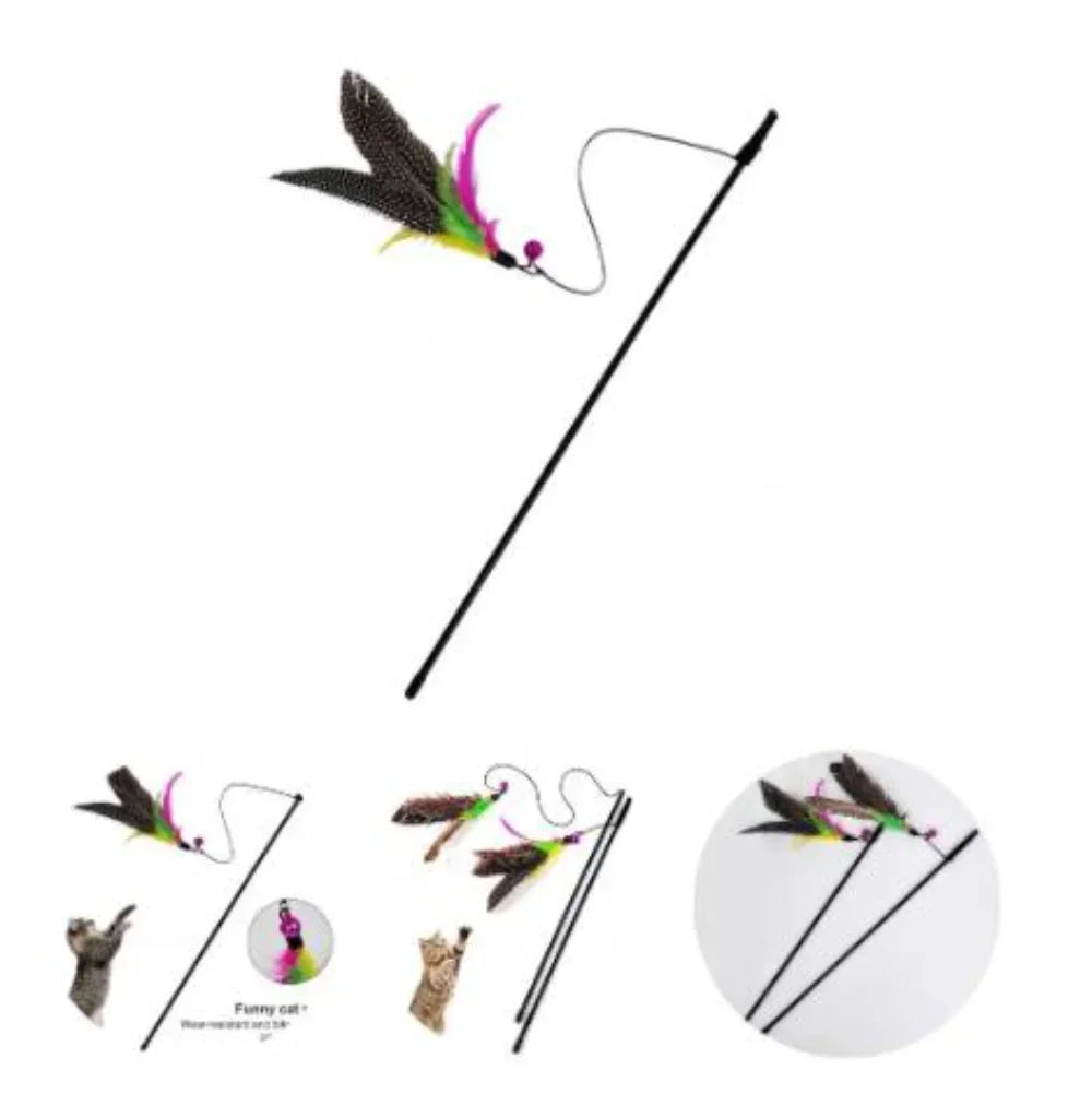 Feather Wand Cat Teaser Rod with Bell & Replacement Feathers — Interactive Kitten Toy Set