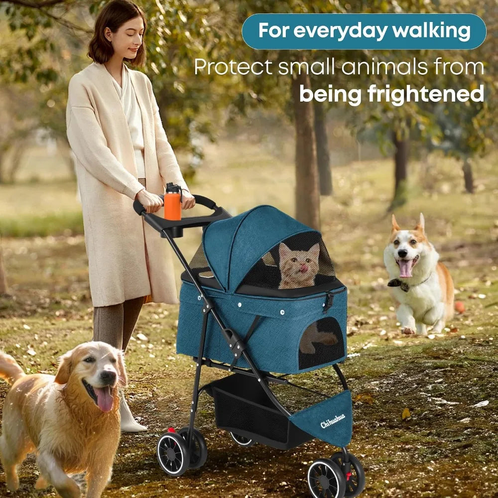 3-Wheel Foldable Pet Stroller for Small & Medium Dogs & Cats with Mesh Canopy & Cup Holders