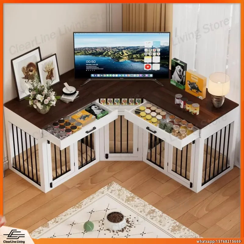 Wooden Dog Crate Furniture with Storage Drawers & Power Outlet