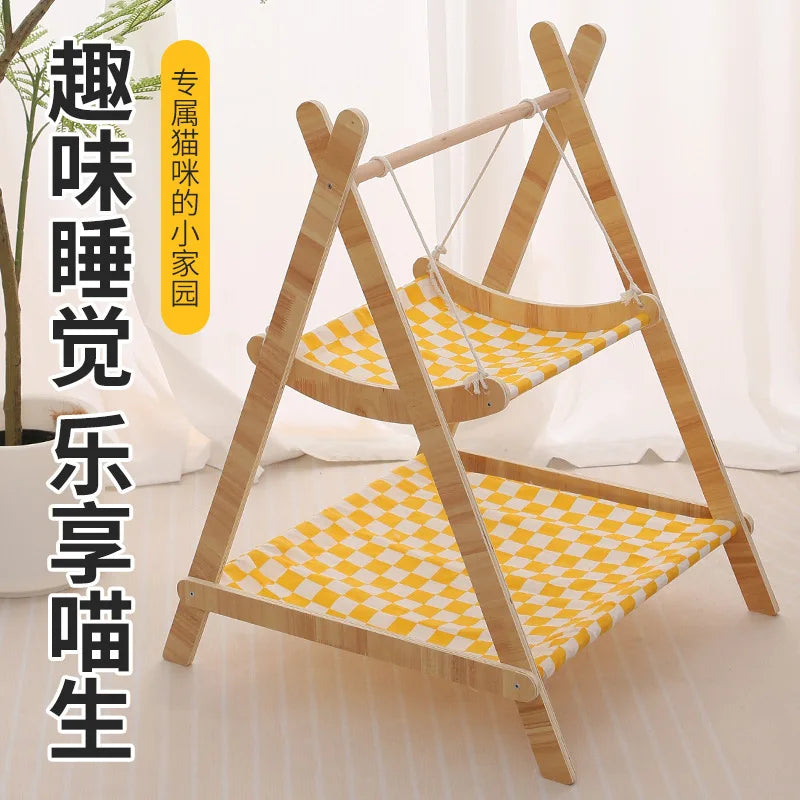 Solid Wood Double-Layer Cat Hammock Swing