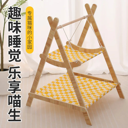 Solid Wood Double-Layer Cat Hammock Swing