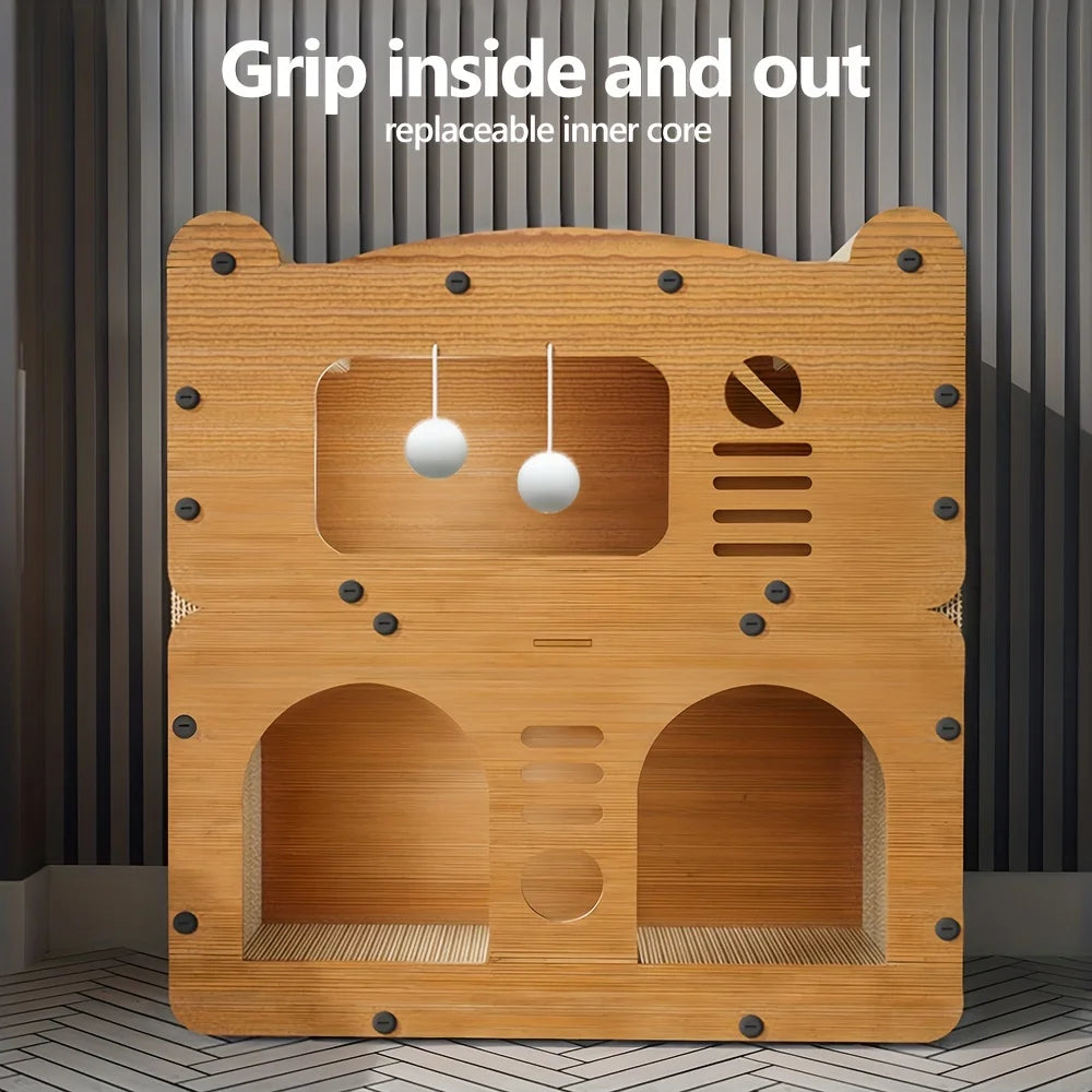 Wooden Cat Scratcher House with Cardboard Lounge Bed