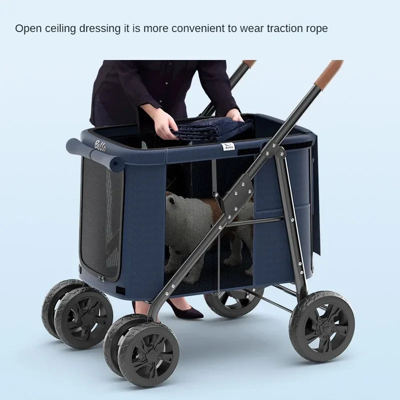 Multifunctional Large-Space Pet Stroller Trolley Case with Wheels for Multiple Pets — Up to 66 lbs