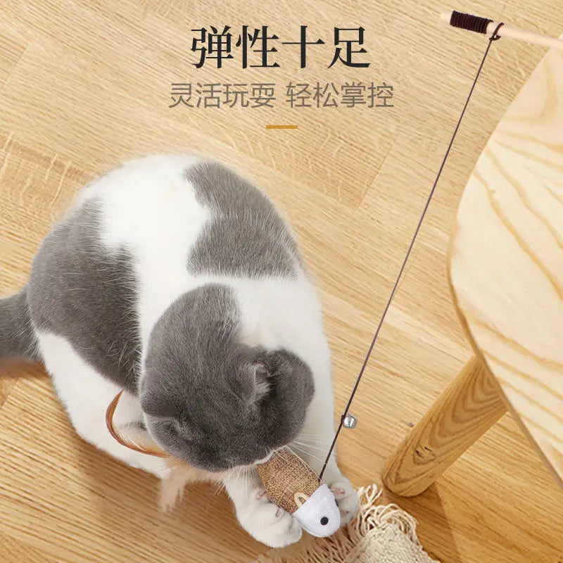 Feather Wand Cat Teaser with Wood Handle — Interactive Wand Toy