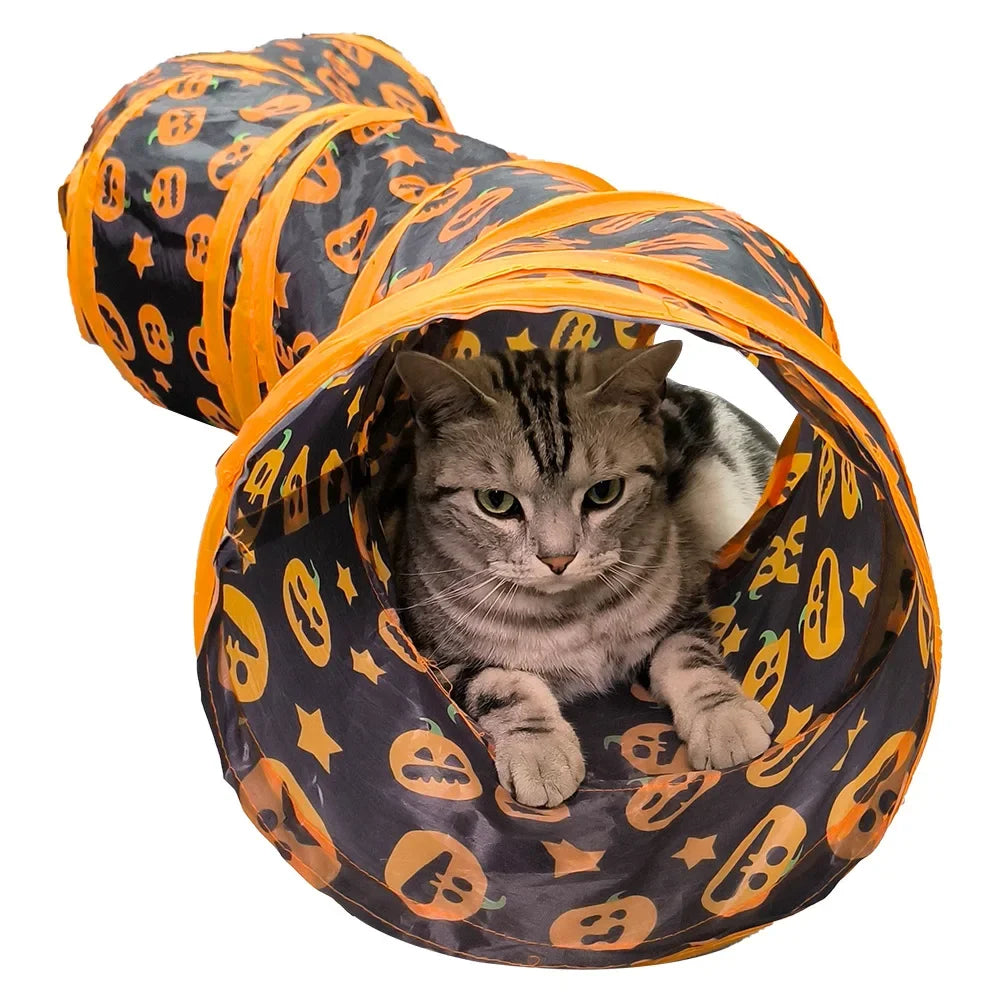 Halloween Pumpkin Cat Play Tunnel — Foldable Crinkle Pet Tunnel with Toy Attachment