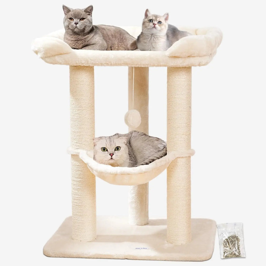 28in Cat Tree with Large Bed, Scratching Post & Hammock