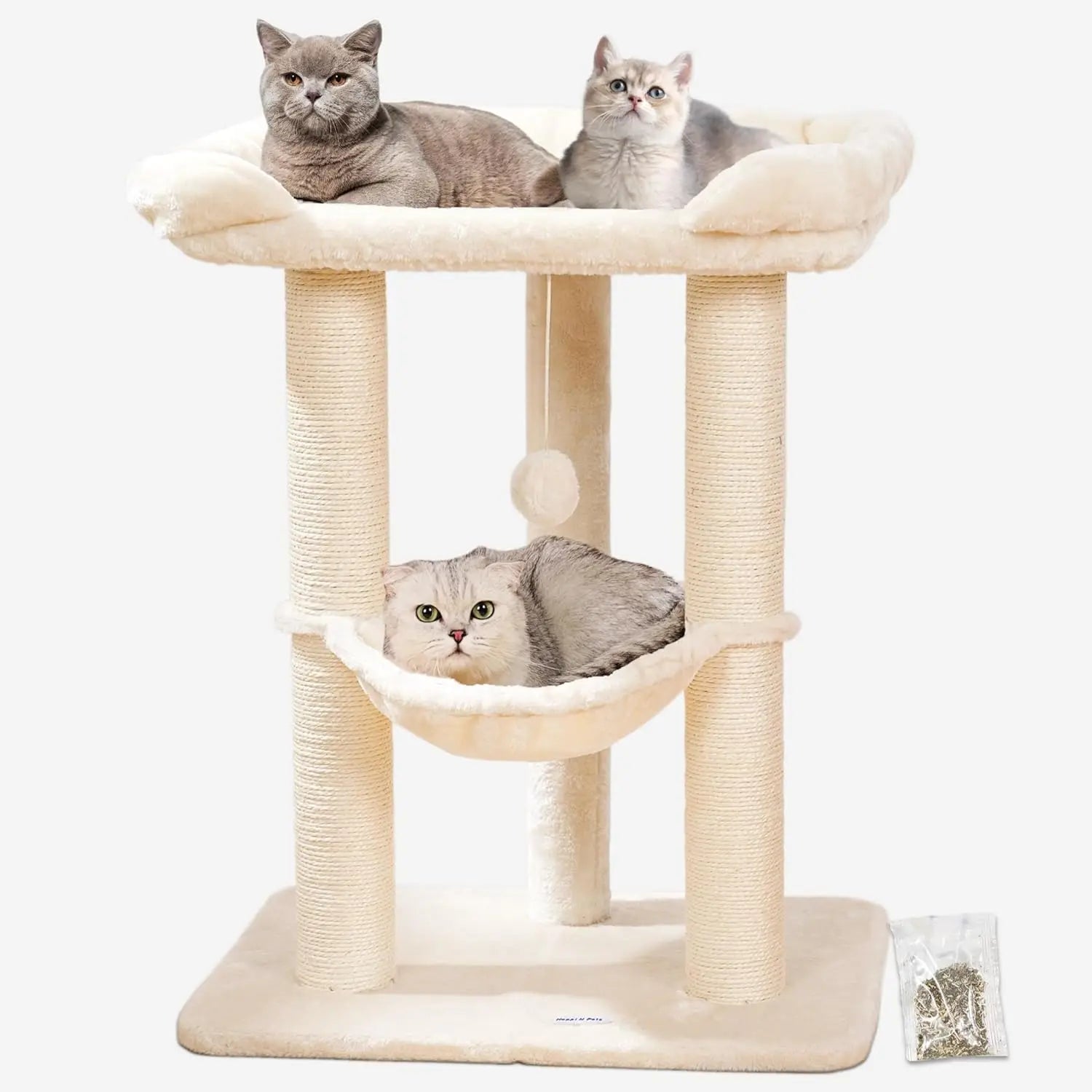 28in Cat Tree with Large Bed, Scratching Post & Hammock