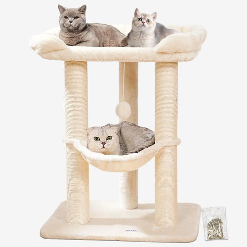 28in Cat Tree with Large Bed, Scratching Post & Hammock