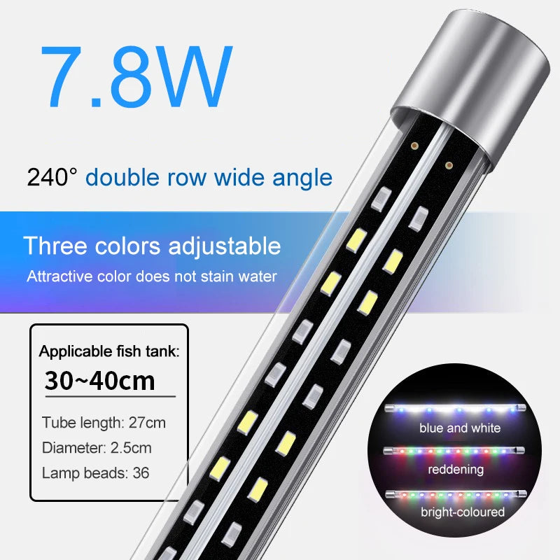 Waterproof RGB Aquarium LED Light (Wide Angle, Plant Grow, 27–57cm)