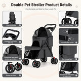 Folding Double Pet Stroller 4 Wheels Breathable Mesh Travel Carrier Wagon for 2 Small Dogs Cats Outdoor Walking