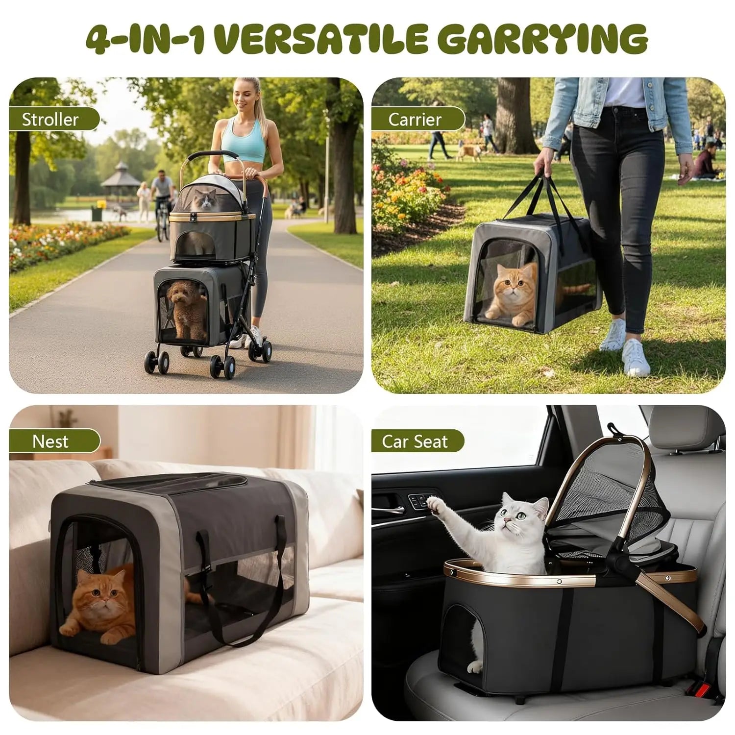 Double Pet Stroller for 2 Dogs & Cats — Foldable Travel Carriage with Detachable Carriers, Safety Belts & 4 Lockable Wheels